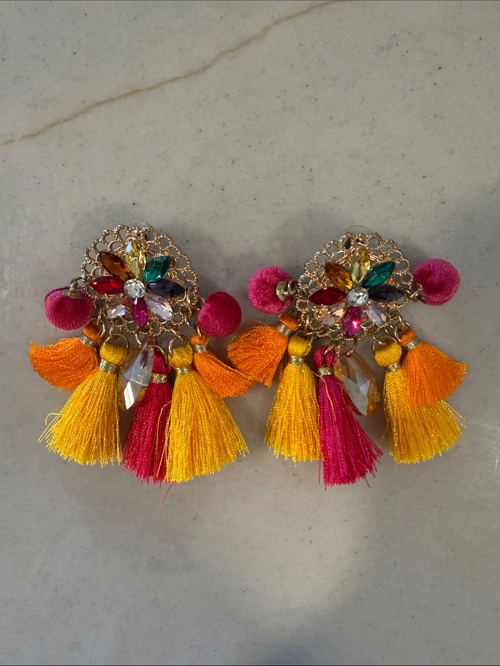 Colorful Tassel Statement Earrings - Pink & Yellow